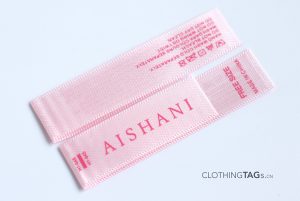 Double-side printed pink satin fabric care label | center fold 654